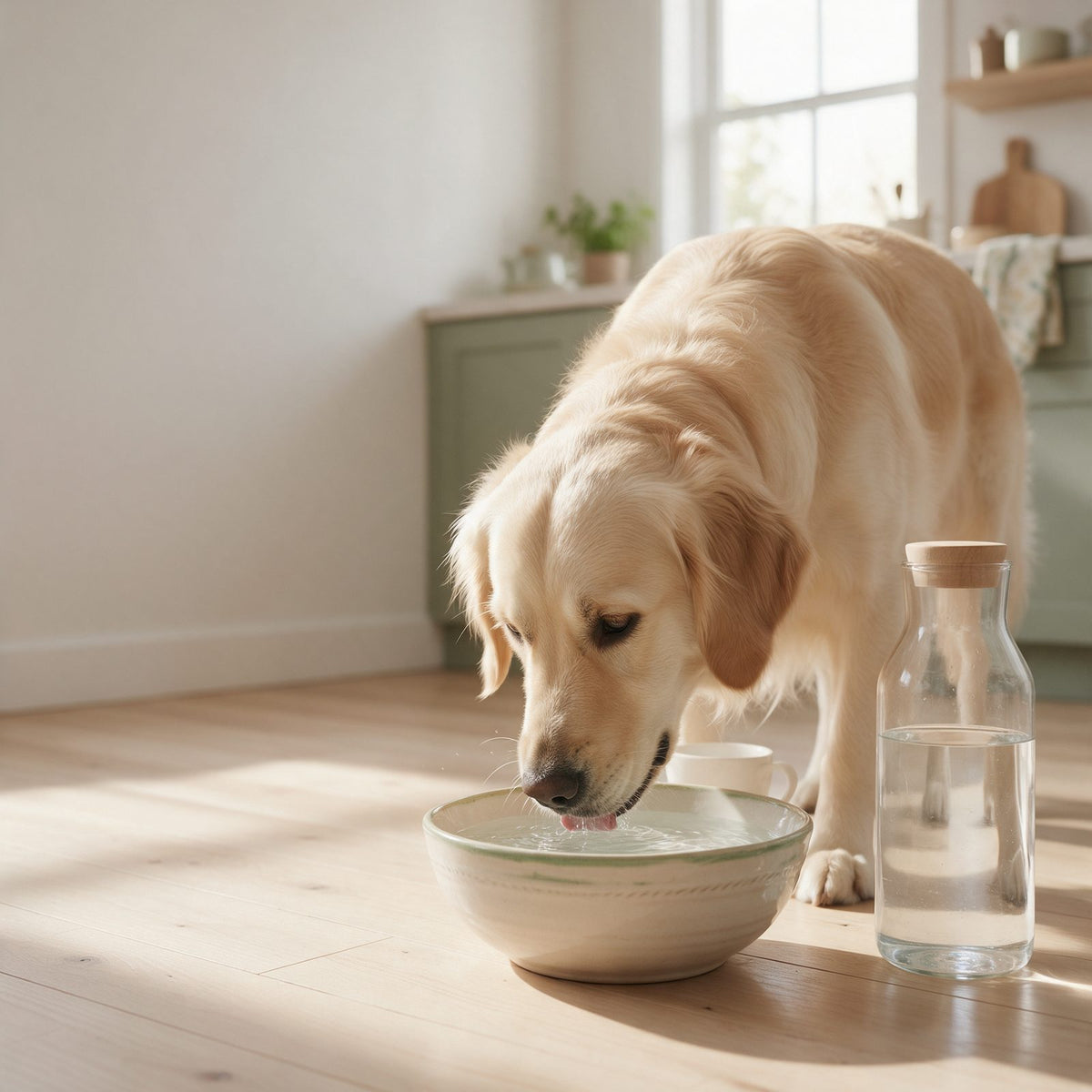 Golden retriever che beve acqua fresca dalla ciotola in cucina