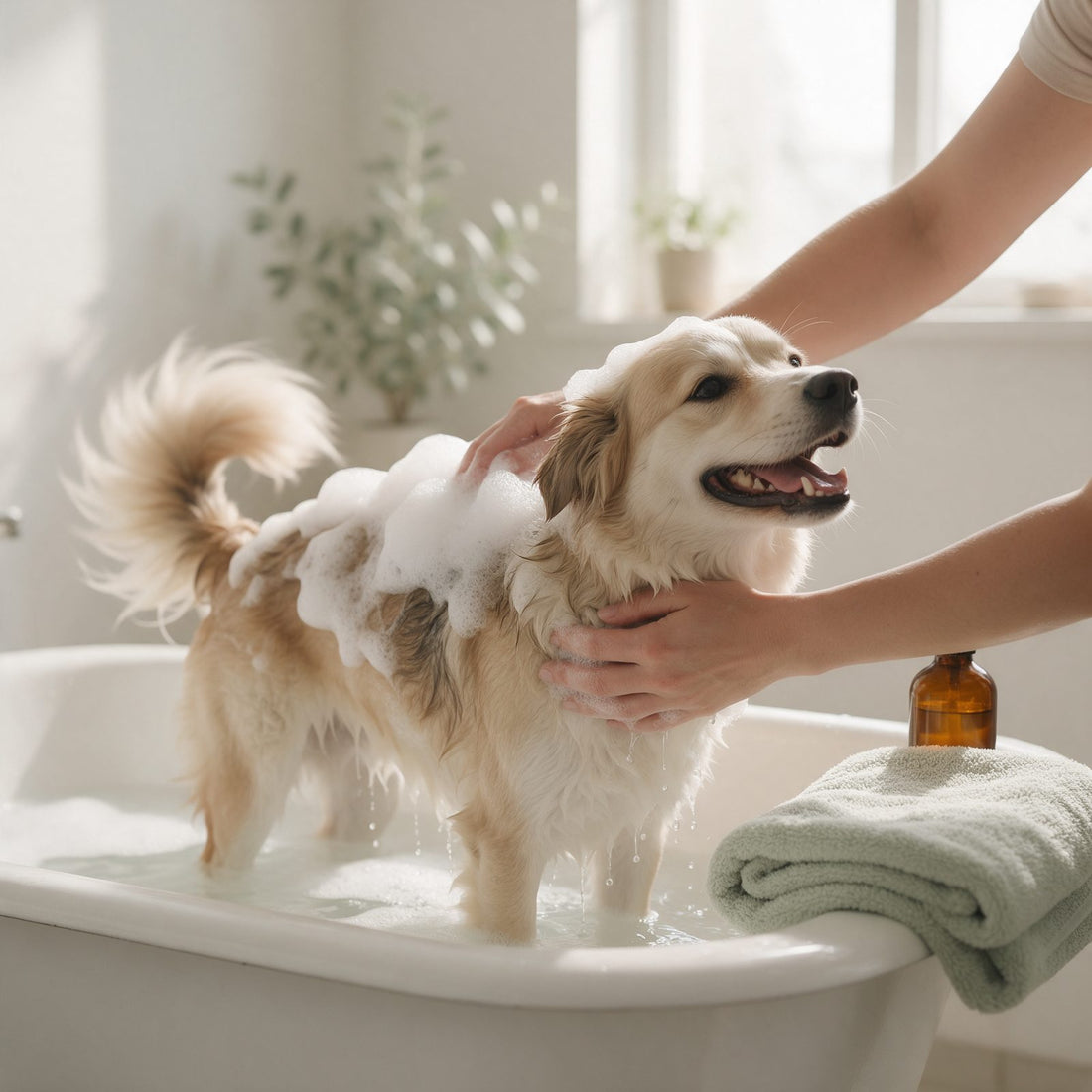 Cane felice durante il bagno con shampoo delicato in una vasca