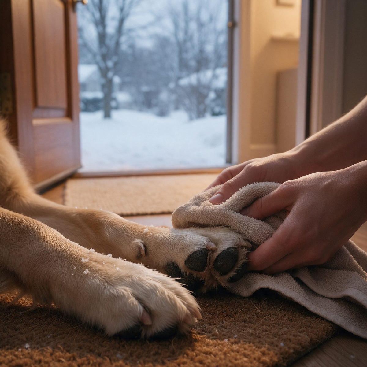 Zampe di un cane asciugate con un asciugamano al rientro da una passeggiata sulla neve